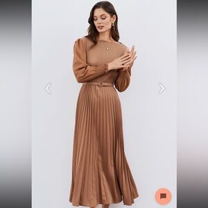 Chicwish Long Sleeve Pleated Midi Dress in Brown